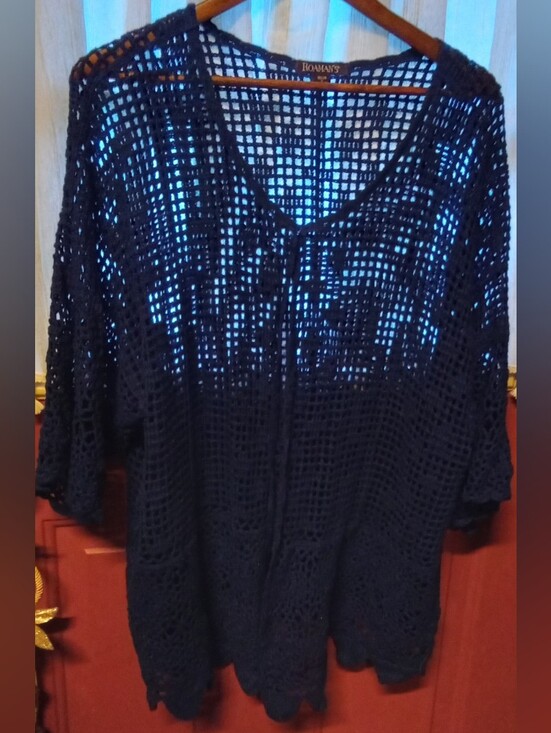 Roaman's Sweaters - Roaman's Navy Open-Knit V-Neck Crochet Cardigan